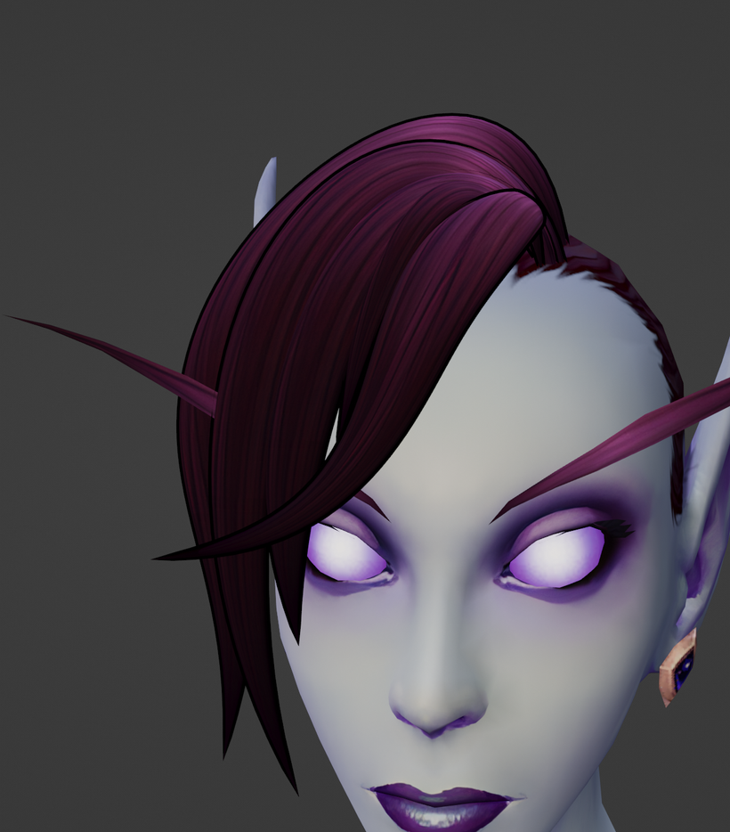 [Model Viewer preview of a Void Elf with distinct purple hair. The hair has a black outline border along the geometry, producing an almost painted outline effect similar to video game art styles such as the Borderlands series. The outline effect may be called Sobel operator, though this was not the exact method used in the image.]