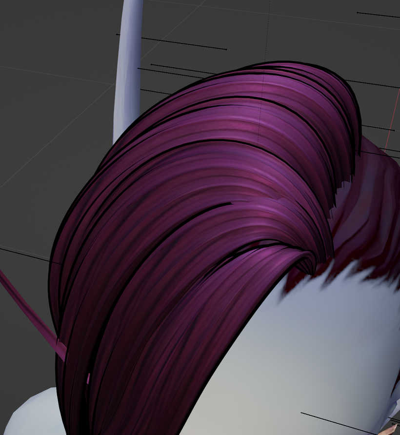 [Model viewer preview of a Void Elf wtih distinct purple hair. This is another angle provided to the image before, highlighting a view looking down at the hair and showcasing the many black outline ridges of the hair geometry.]