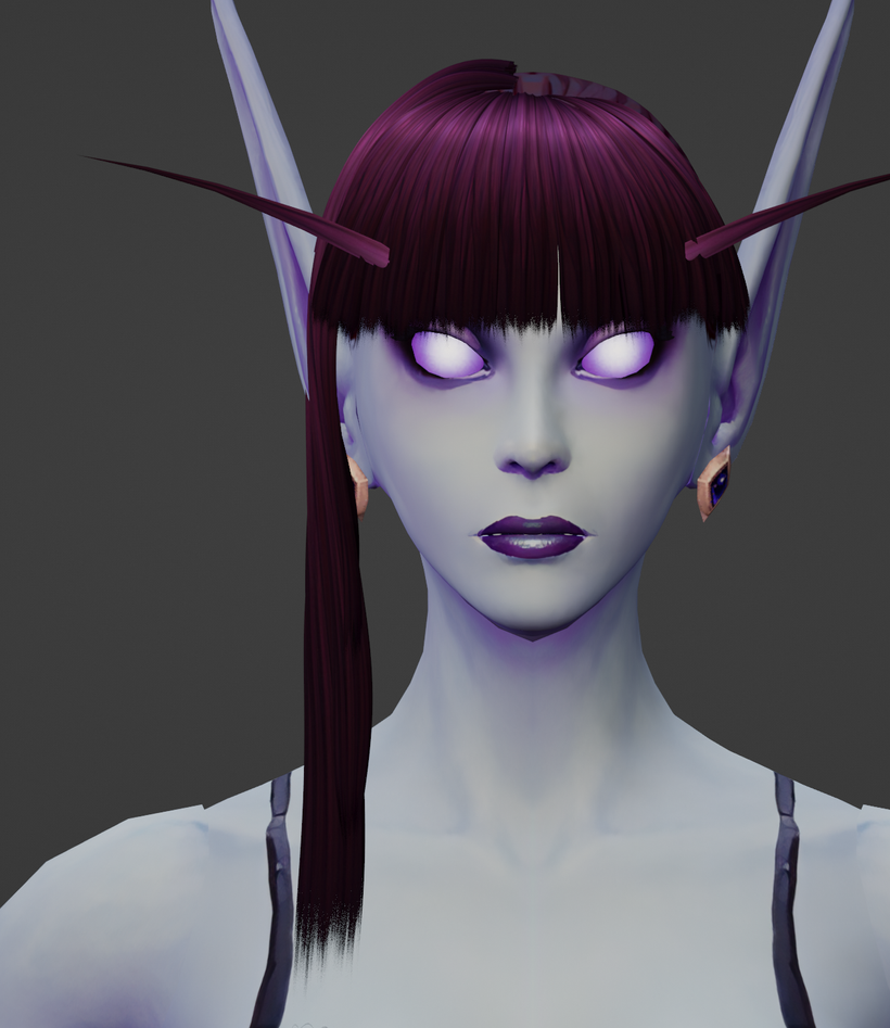 [A front view of the hairstyle shown previously. One side of the hairstyle has longer hair, while the other side is unfinished. The hairstyle is clean and realistic, contrasting to the Warcraft stylization of the Void Elf model which the hair rests upon.]