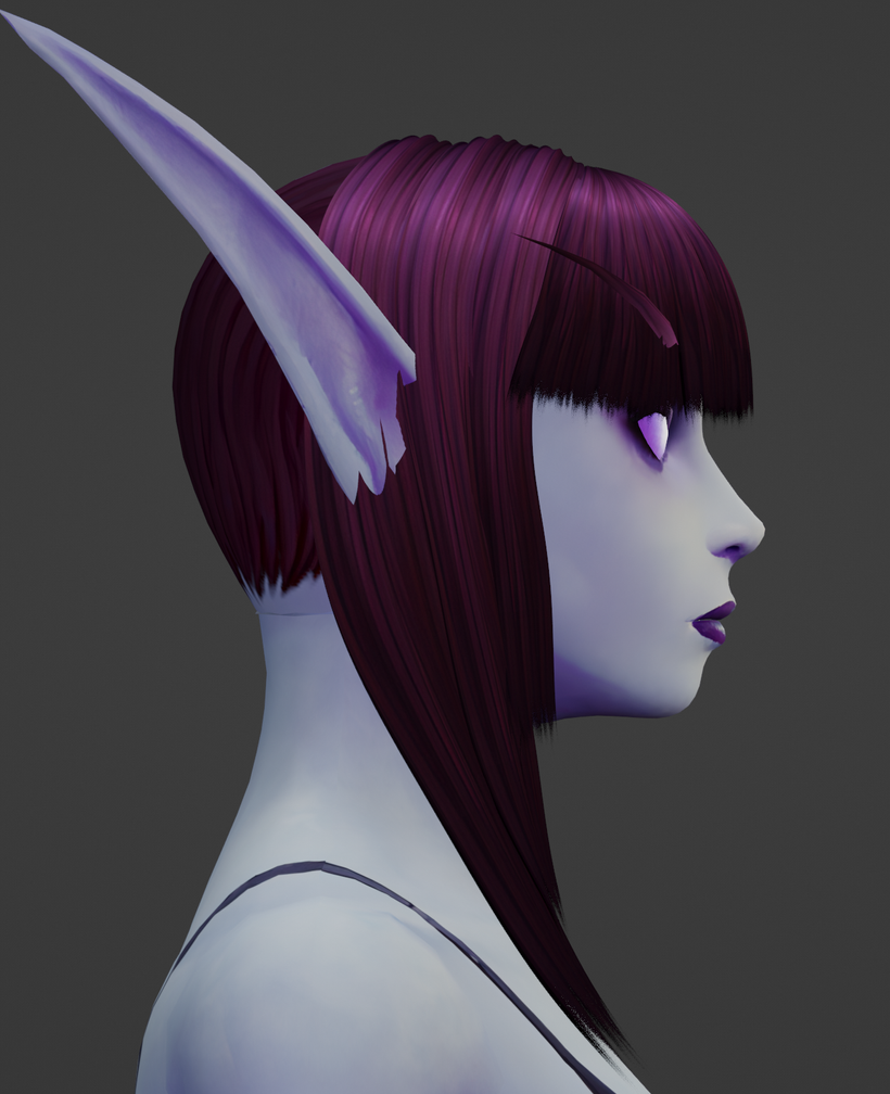 [Another angle of the effect shown in the previous image, this time showcasing a fringe/bangs hairstyle along the side profile shot of the Void Elf character. The hair produces a realistic effect near the ends.]