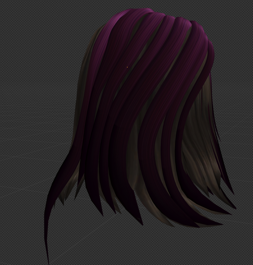 [Work made overlaying a base hairstyle with newer purple hair pieces. The new hair roughly follows the same direction and style as the old hairstyle. The old hairstyle is colored black and grey, and is visibly lower polygon and lower texture resolution.]