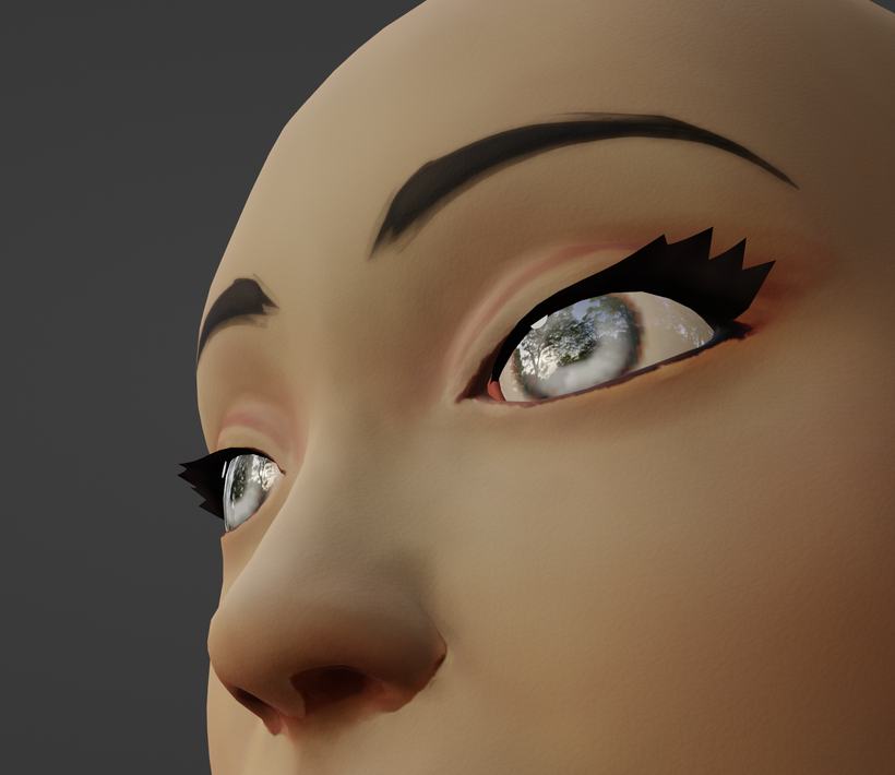 [A human model displaying reflective eyes, smoothed skin texture, and a faint skin shader that appears as a sort of bump map. The small detail of the skin shader produces a more detailed effect upon the skin, as though skin pores are catching light and producing shadows.]