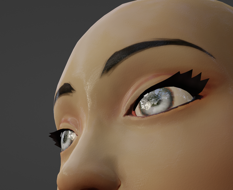 [A similar image to the last, however this time displaying the skin shader as much more reflective similar to the eyes. The reflectivity makes it appear as though it the skin is wet, contrasting to the dryer effect previously.]