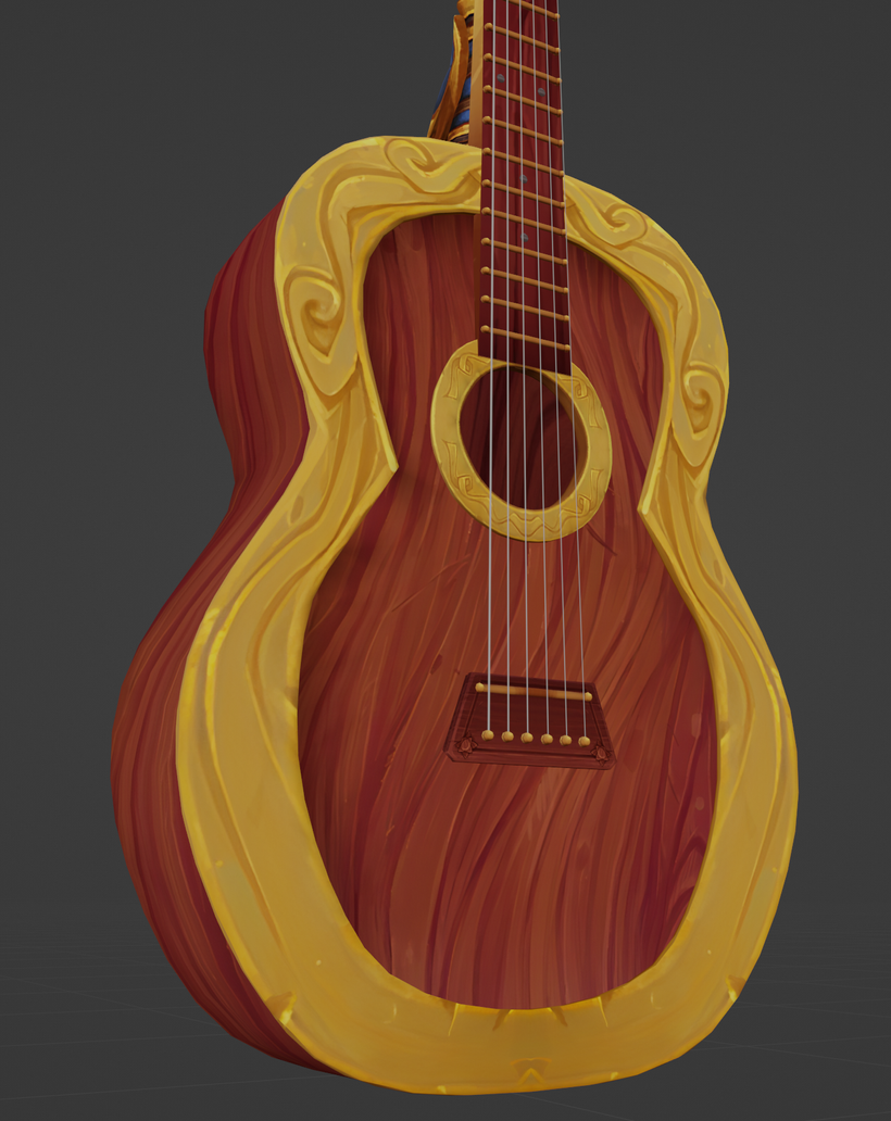 [An image of a basic guitar in Blood Elven (Thalassian) style. The guitar has a red-brown wooden textured body and golden metalltic border. There are 6 strings lined across the body, from left to right displaying a thicker string to a thinner string.]