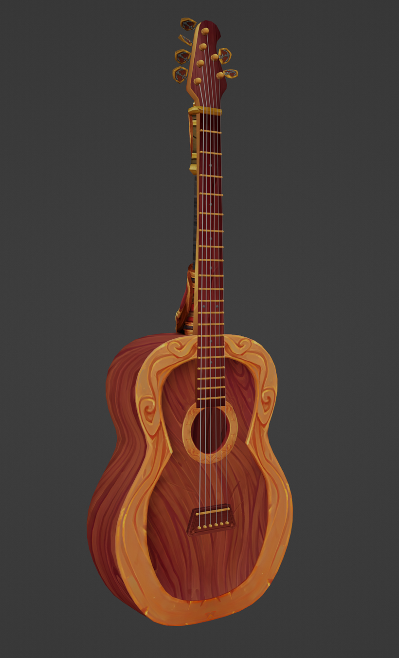 [A newer iterated version of the guitar, displaying an even redder hue to the body and edges. The angled headstock notably includes tuning pegs rotated randomly, with 4 on the left side and 2 on the right side. Each tuning peg is detailed with a small anchor design.]