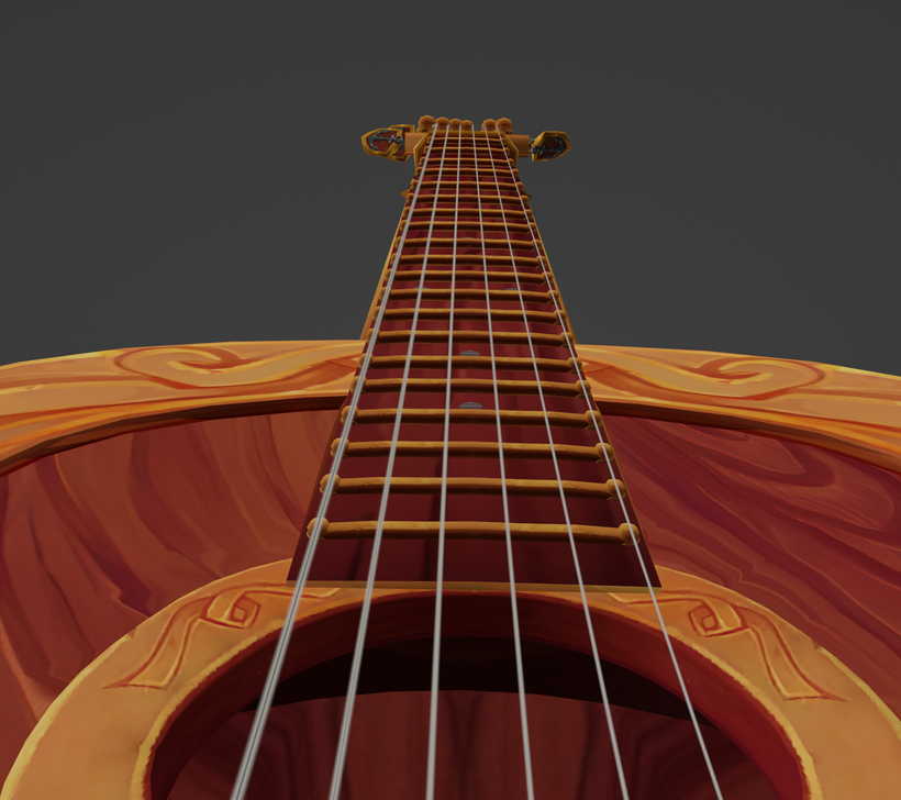 [Another angled view of the guitar, displaying the neck and strings. The strings are noticeably of varying shape, ranging from larger to smaller from left to right.]