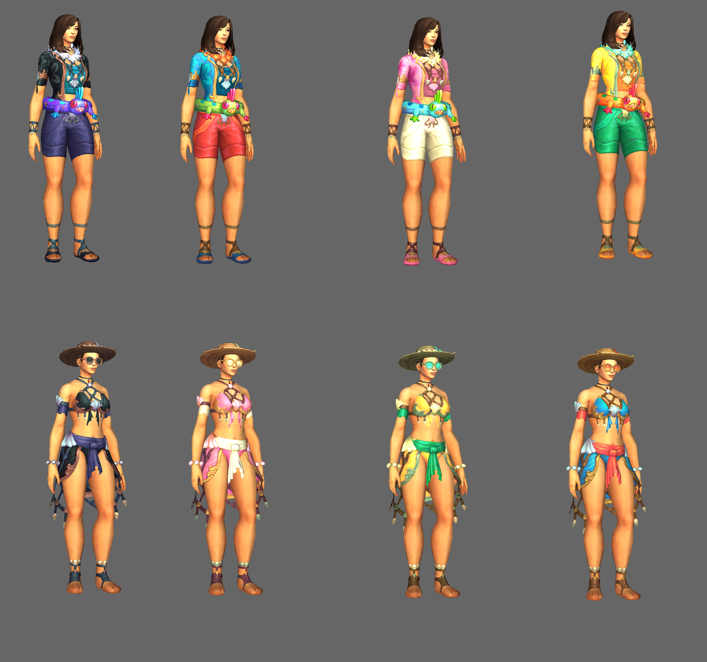 [a variety of beach armor sets, all colored brightly]