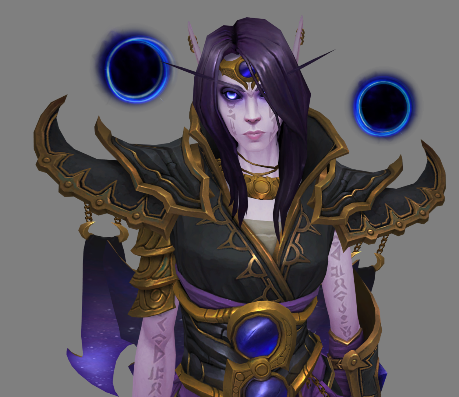 [still image of Xal'atath's model showing her upper body details including runes on her face and arms, and black empire style armor with dark shoulder orbs]