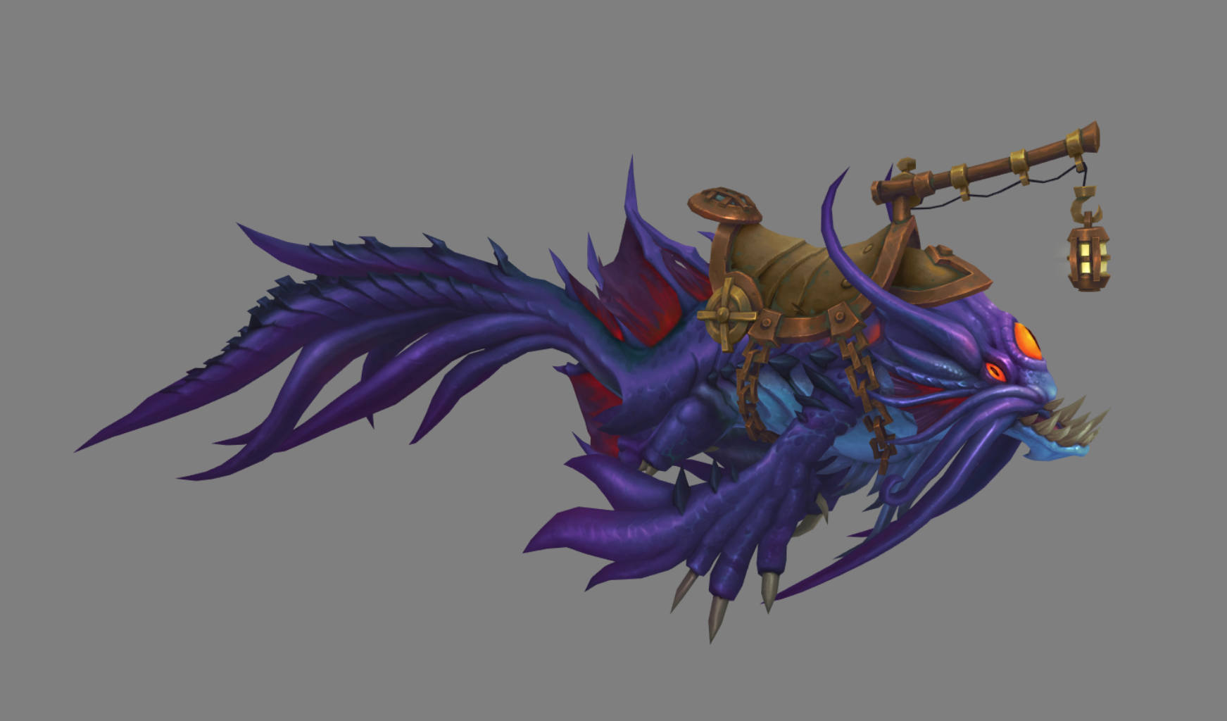 [a purple-red colored naga-esque fish mount with large jaws and mariner-style saddle]