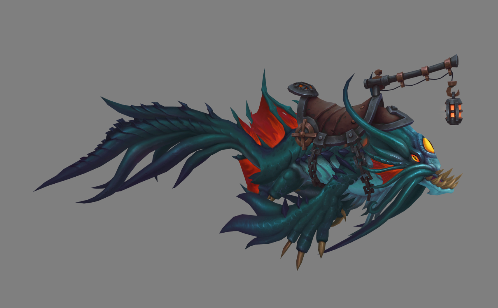 [a teal-red colored naga-esque fish mount with large jaws and mariner-style saddle]