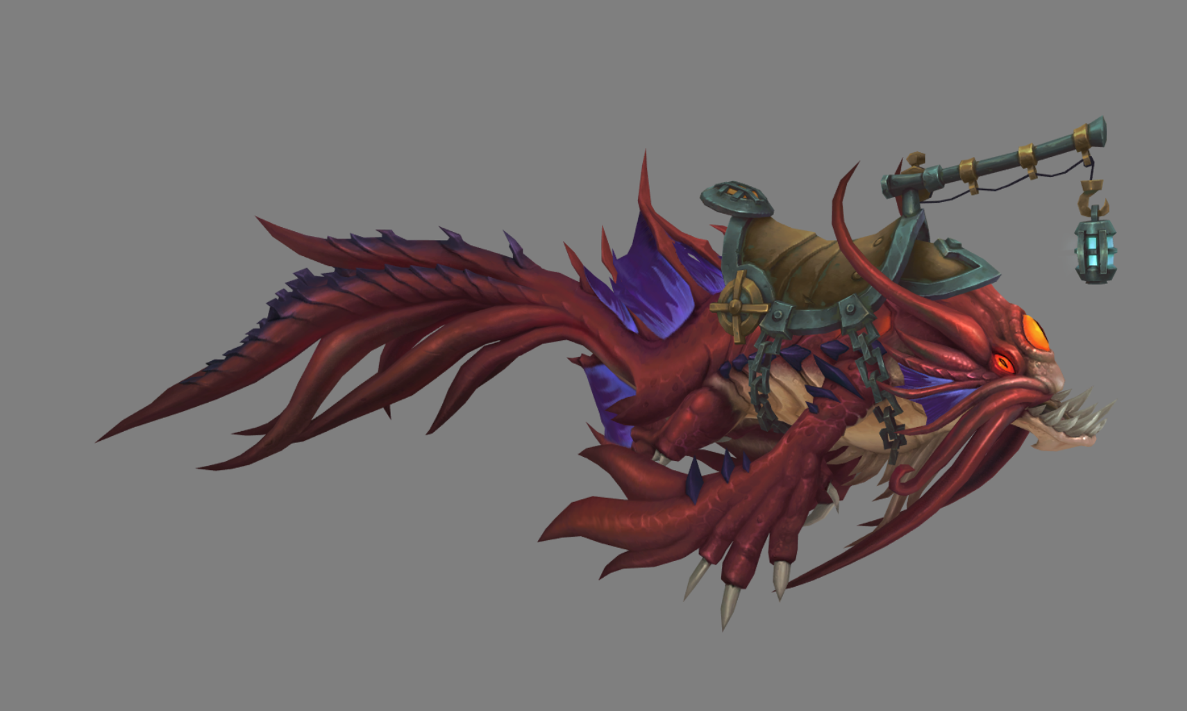 [a red-purple colored naga-esque fish mount with large jaws and mariner-style saddle]