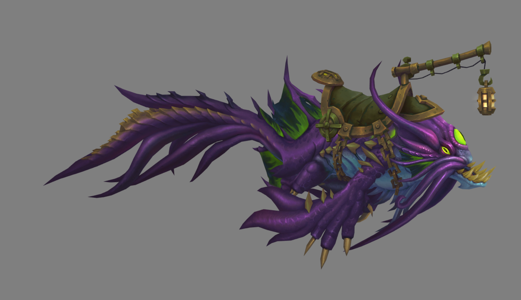 [a purple-green colored naga-esque fish mount with large jaws and mariner-style saddle]