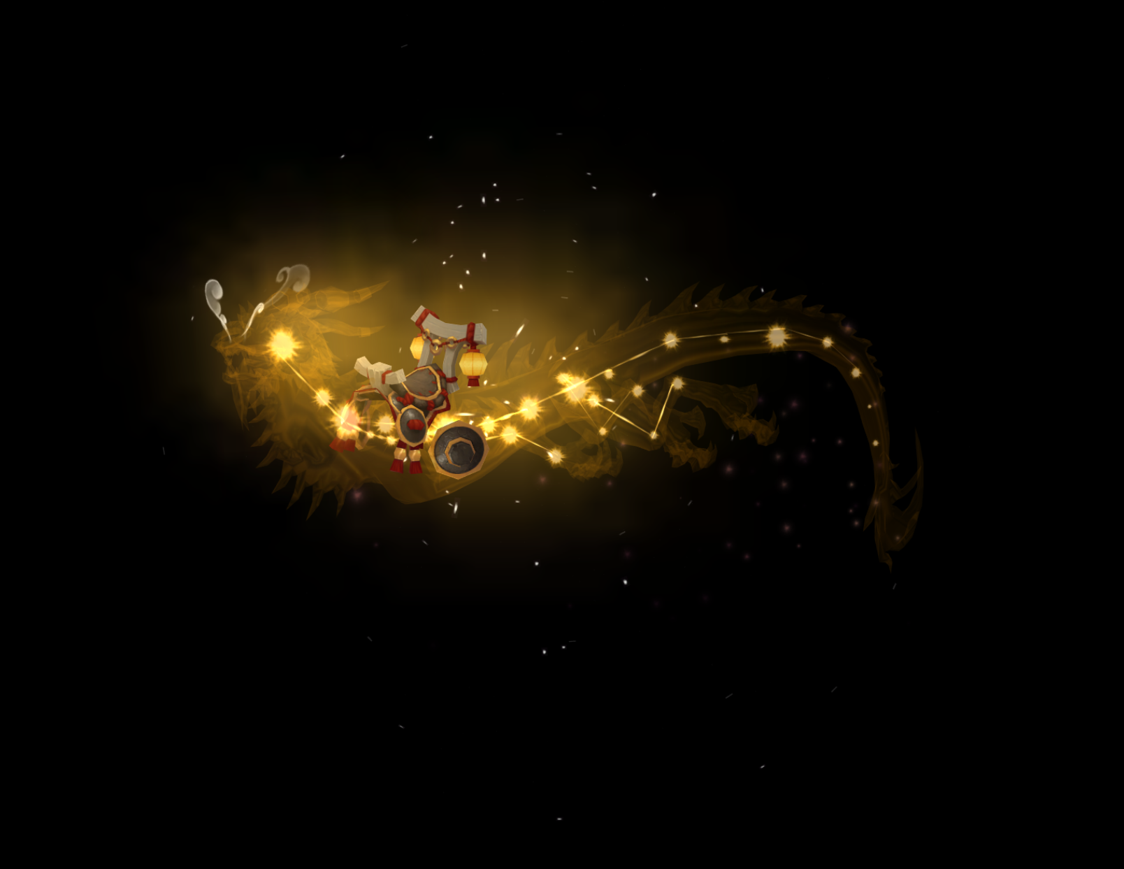 [a golden celestial serpent mount against a black background, displaying the yellow starts and white wooden saddle with red ropes and golden lanterns]