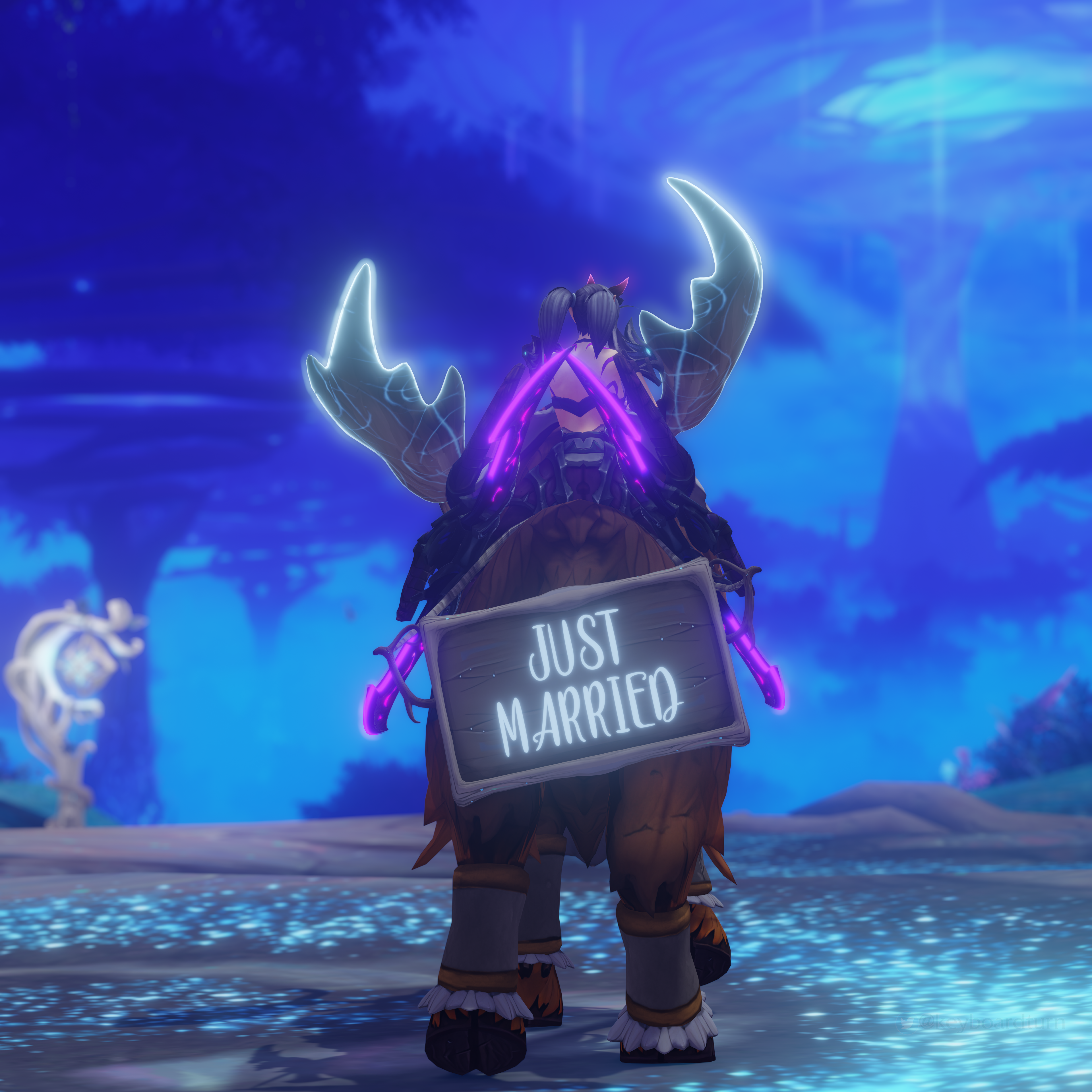 [A back view of the moose shapeshift displaying a sign stating 'Just Married' on it at a slightly crooked angle. The background is of Ardenweald.]