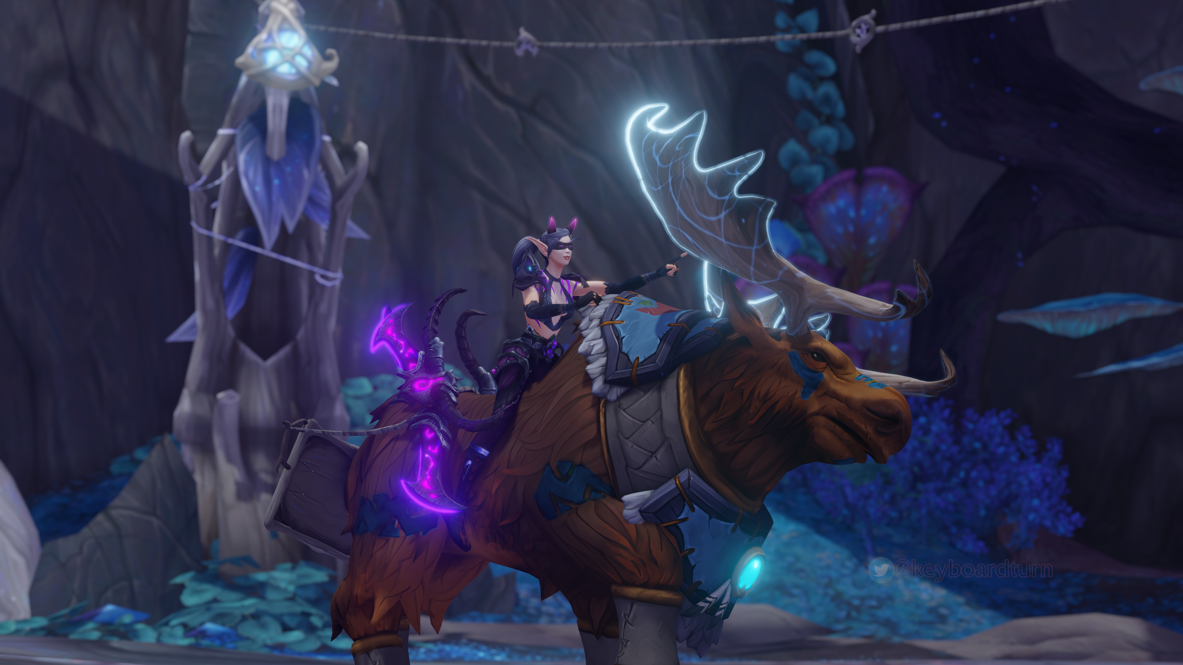 [The same Blood Elf Demon Hunter riding mounted on the back of a moose shapeshift form of the Highmountain Tauren. The background is a blue wooden forest area.]