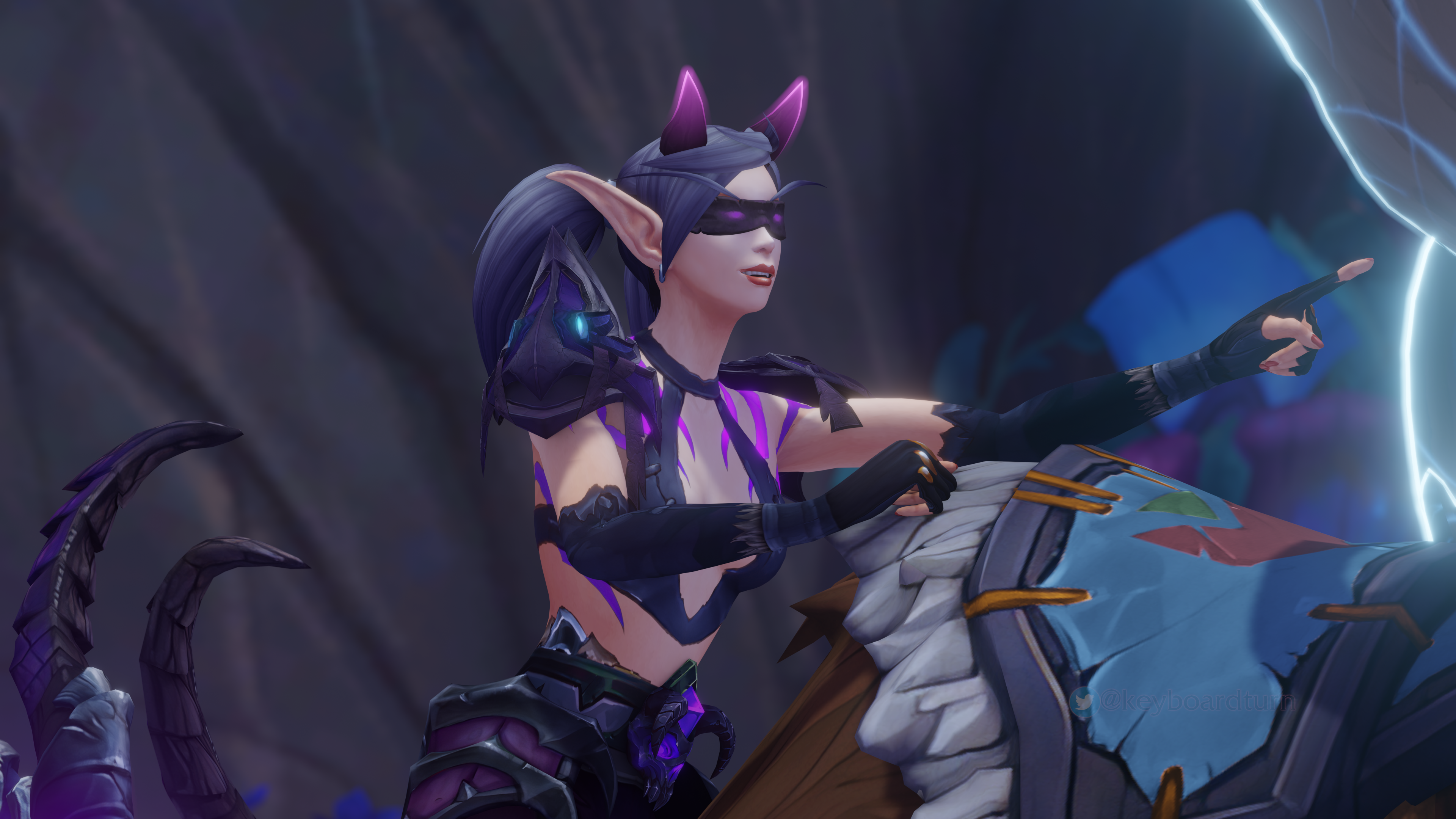 [A close-up of the Blood Elf Demon Hunter pointing forward with a smile on her face.]