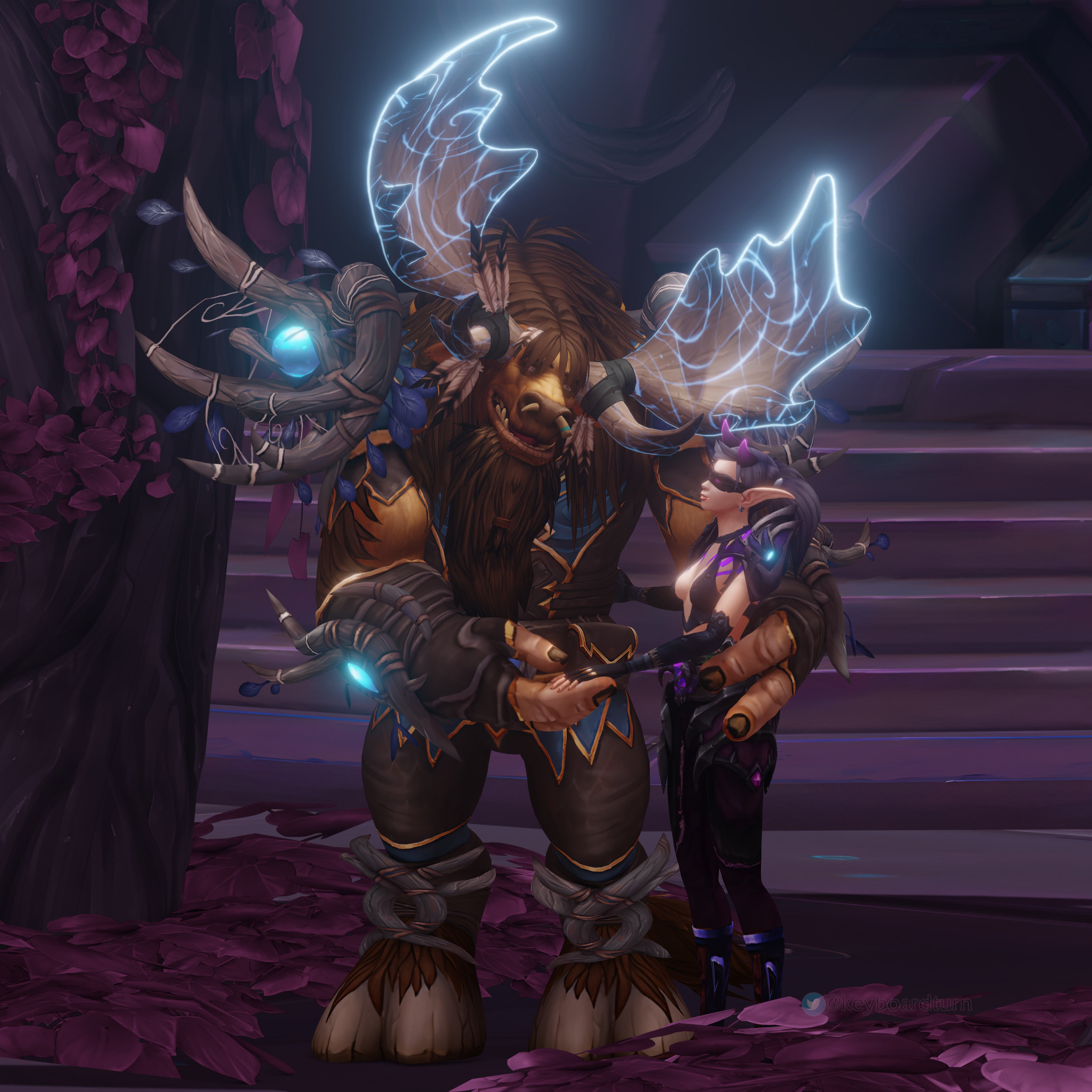 [A large Highmountain Tauren Druid holding the hand of a smaller Blood Elf Demon Hunter. The Highmountain has glowing blue horns and wooden armor. The background is a set of stone stairs with blossoming leaves along the ground.]