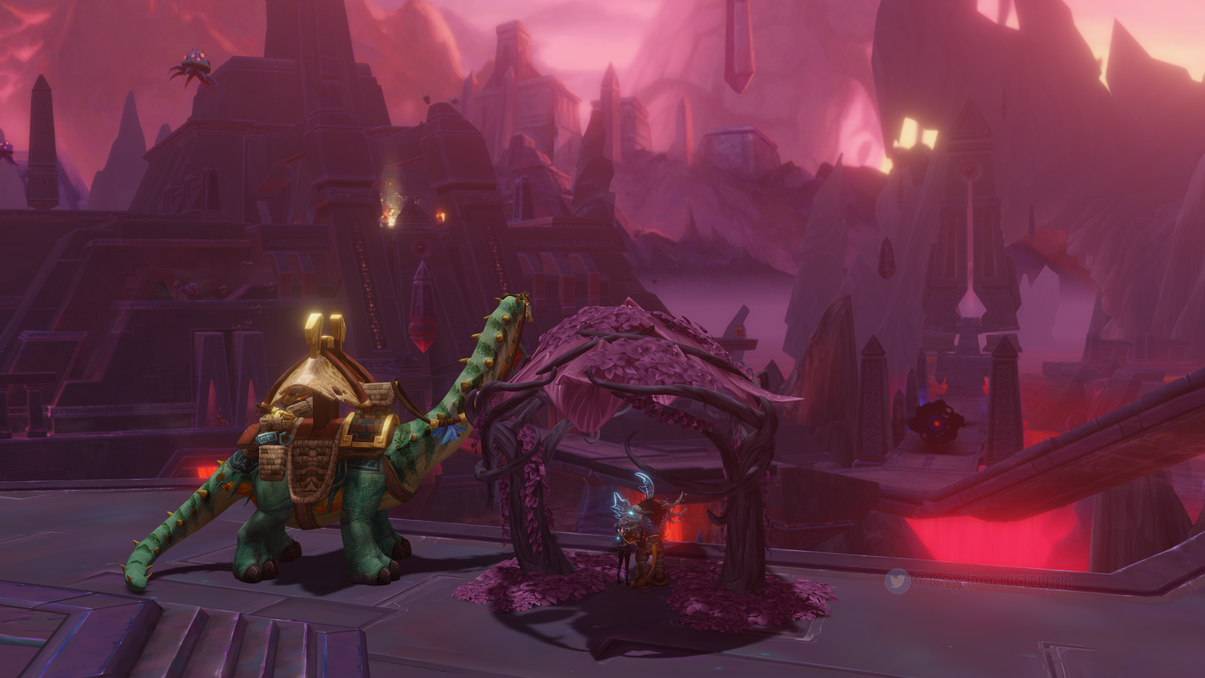 [A full background displaying Nyalotha, complete with large stone obelisks and structures, and glowing old god appendages. A large brutosaur (brontosaur) is displayed on the left of the platform, while the couple is placed on the center.]