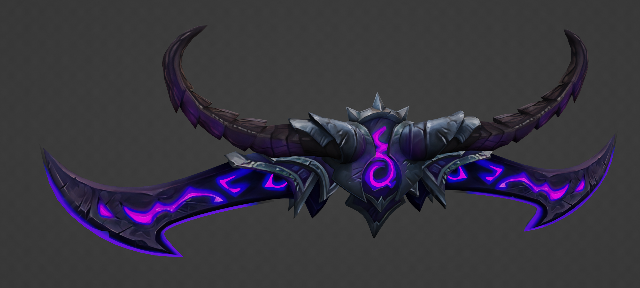 [Uprezzed Quality Warglaive - a black and purple warglaive with a pair of horns attached to it and bright purple runes.]