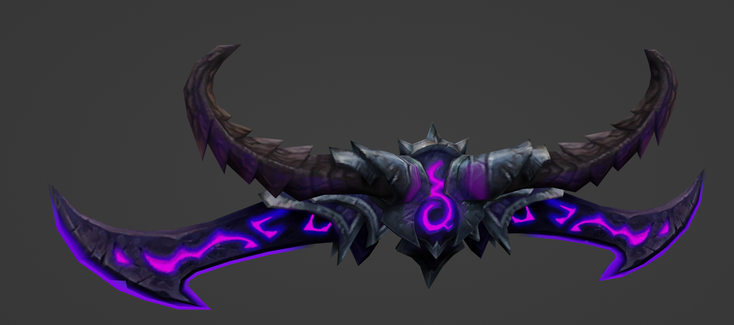 [Original Quality Warglaive - a black and purple warglaive with a pair of horns attached to it and bright purple runes.]