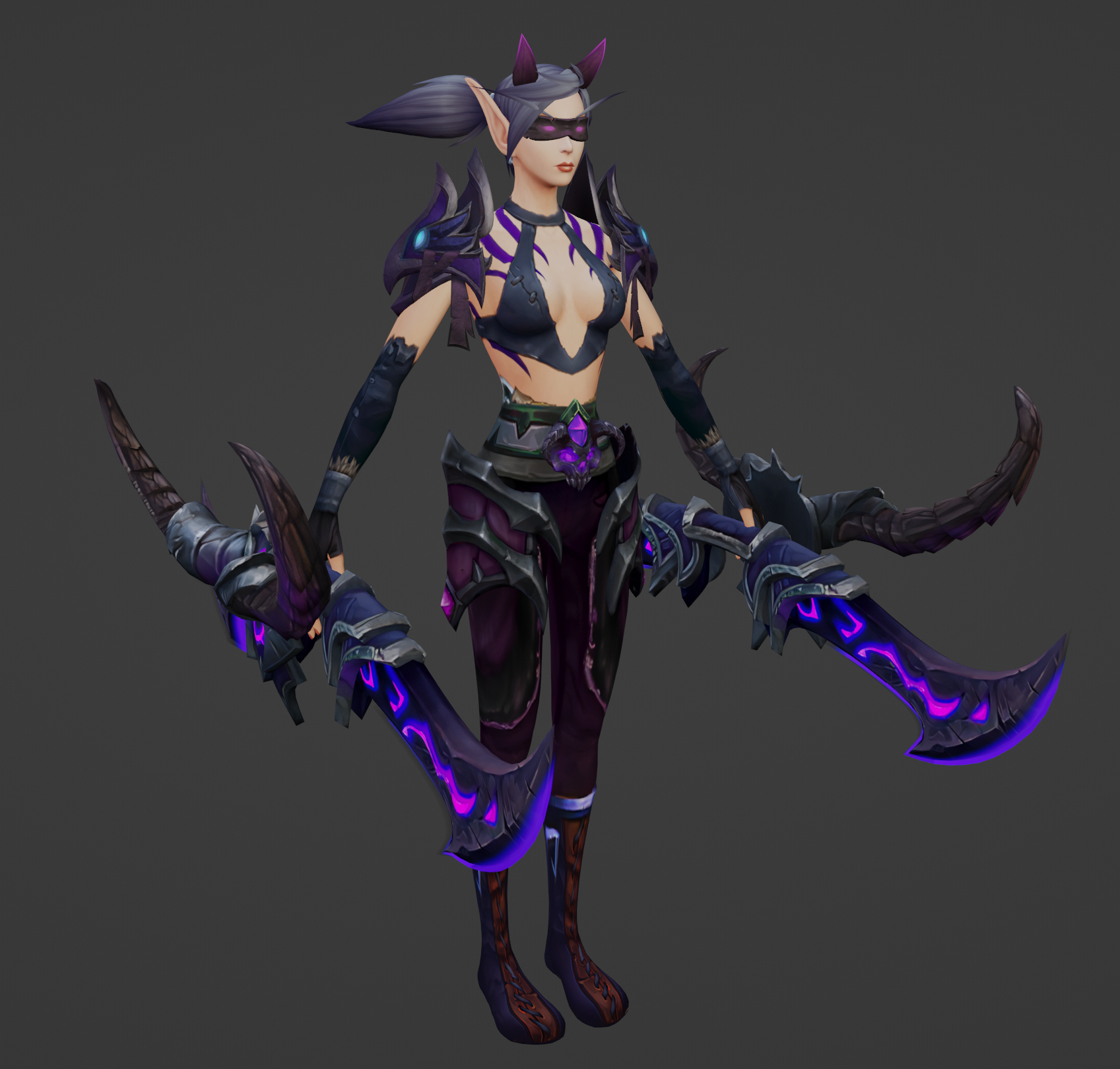 [T-Pose of the Blood Elf Demon Hunter model holding the warglaive in both hands. She has black pigtails, a pink blindfold, and small horns with glowing pink ends.]