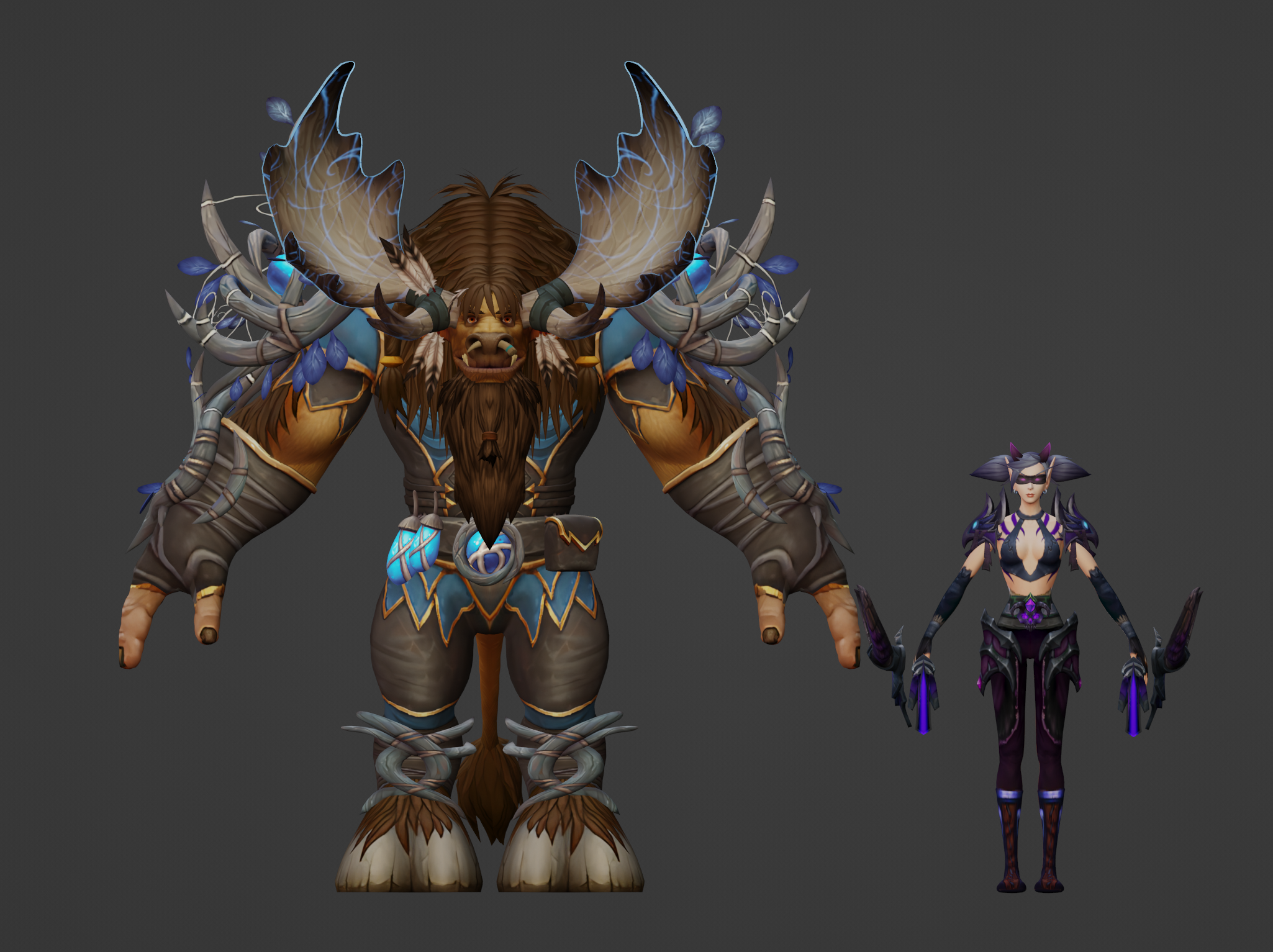 [T-Pose size comparison between the Highmountain Tauren and the Blood Elf Demon Hunter. The Highmountain Tauren is approximately twice the height of the Blood Elf.]